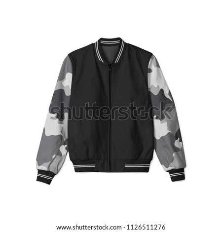 blank jacket satin bomber baseball black and camouflage grey white on sleeve on white background in front view isolated for mockup template