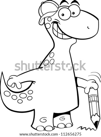 Black and white illustration of a brontosaurus holding a pencil