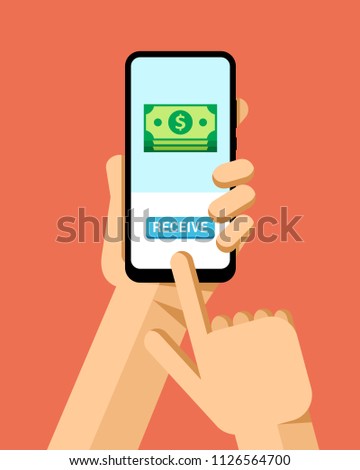 Hand holds the smartphone mock-up. Receiving money transaction to the online wallet. Flat vector modern phone mock-up illustration