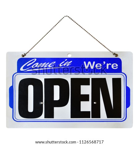 The sign in front of the restaurant invites customers to hang on glass black OPEN letter with blue frame isolated on white background. Thia has clipping path.