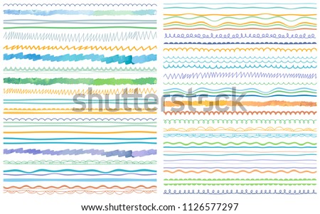 Abstract ribbons, dividers, brushes set. Vector seamless borders kit. Brush lines, strokes, patterns, ornaments collection. 