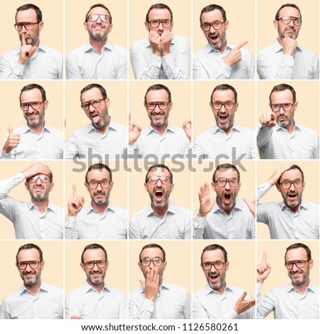 Middle age man, different emotions collage over yellow background