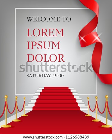 Welcome to lettering with red carpet entrance. Party invitation design. Typed text, calligraphy. For leaflets, brochures, invitations, posters or banners. Royalty-Free Stock Photo #1126588439
