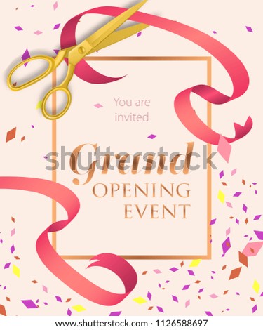 Grand opening event lettering with scissors. Opening event invitation design. Typed text, calligraphy. For leaflets, brochures, invitations, posters or banners.