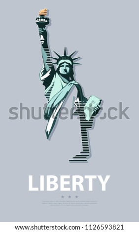 Statue of Liberty USA, poster.Creative Green Linear Picture. National Symbol of America. Illustration, gray background.Use presentations, corporate reports, text, emblems, labels, logo, stripes,vector