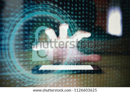 communication block. hand reaching for white screen smart phone double exposure with light blue binary code and padlock icon.