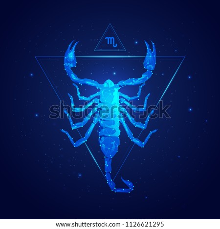scorpio horoscope sign in twelve zodiac with galaxy stars background, graphic of wireframe scorpion Royalty-Free Stock Photo #1126621295