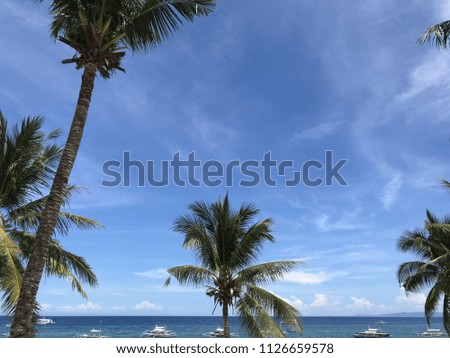Palm trees on a white sand beach with boats in background, Alona Beach, Bohol, Panglao Island, Philippines