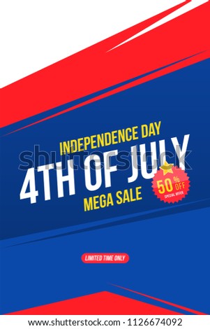 Flyer Celebrate Happy 4th of July - Independence Day. Mega sale with sticker 50% off. National American holiday event. Flat Vector illustration EPS10.