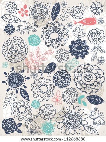 background of hand draw  flowers and insects, vector illustration