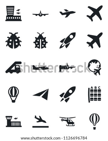Set of vector isolated black icon - plane vector, arrival, ladder car, boarding, helicopter, seat map, globe, airport building, lady bug, rocket, paper, air balloon