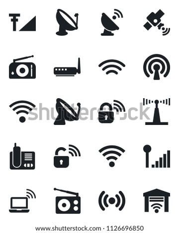 Set of vector isolated black icon - satellite antenna vector, wireless notebook, radio, phone, cellular signal, lock, router, garage gate control