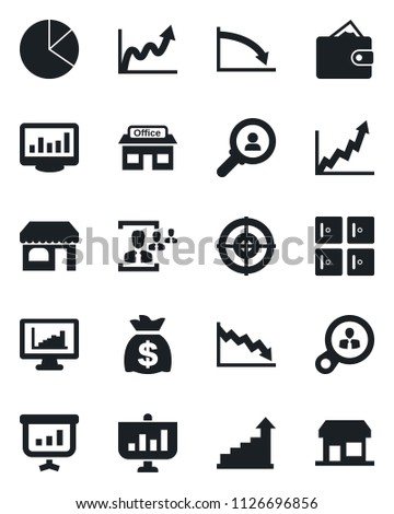 Set of vector isolated black icon - shop vector, checkroom, growth statistic, money bag, store, monitor statistics, pie graph, hr, target, consumer search, wallet, crisis, presentation, storefront
