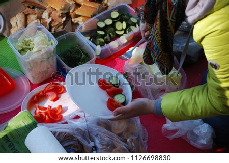 People on a picnic put food on plates - a view from above.