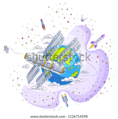 Space station flying orbital spaceflight around earth, spacecraft spaceship iss with solar panels, artificial satellite, with rockets, stars and other elements. Thin line 3d vector illustration.