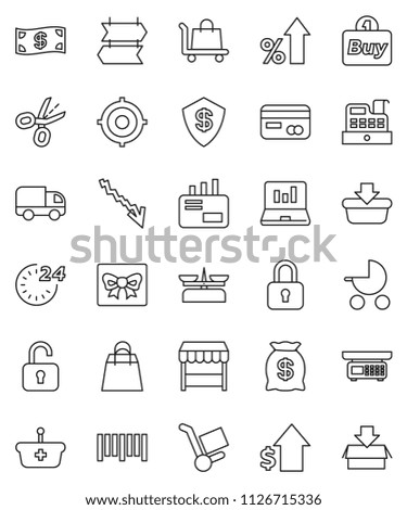 thin line vector icon set - laptop graph vector, crisis, percent growth, dollar, target, barcode, gift, credit card, cash, money bag, 24 hour, shopping, market, buy, cashbox, basket, trolley, mail