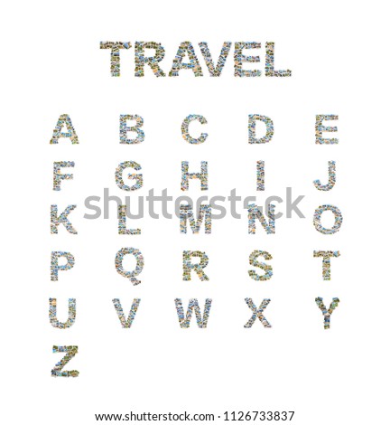 Alphabet made of letters formed by travel postcards