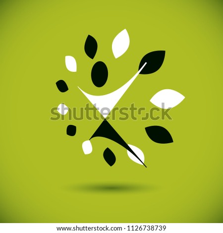 Vector illustration of excited abstract person with raised hands up. Go green idea creative logo. Healthy lifestyle metaphor. Vegetarian theme icon.
