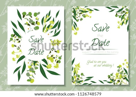 Wedding Invitation Frames with Eucalyptus Leaves. Elegant Cute Templates for Invite, Cards Design. Decorative Floral Greenery Elements for Rustic Wedding. Invitation with Vector Branches, Herbs, Palm.