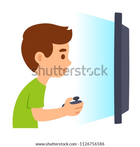 Little boy playing video game in front of TV console. Cartoon gamer clip art illustration.