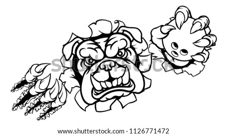 A bulldog angry animal sports mascot holding a ten pin bowling ball and breaking through the background with its claws