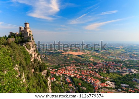 San Marino city view. Fortress on the rock. San Marino  landmark. Italy. Royalty-Free Stock Photo #1126779374