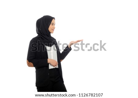 BUSINESS WOMAN SHOW HAND HOLDING ISOLATED WHITE BACKGROUND WITH FACE REACTION