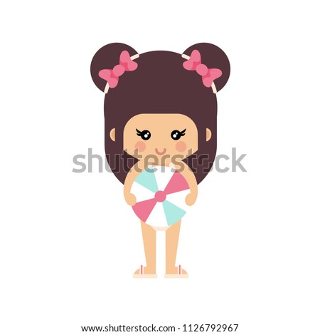 cartoon summer girl in a swimsuit with summer ball