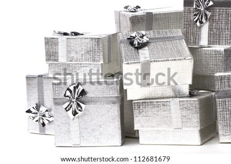 Close up of many silver gifts in a pile