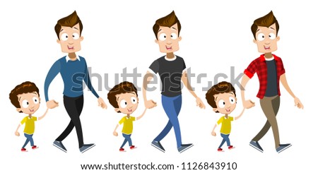 Vector cartoon set of young smiling guy in casual clothes. Character walking together with baby boy. Vector illustration in cartoon flat style, isolated on a white background