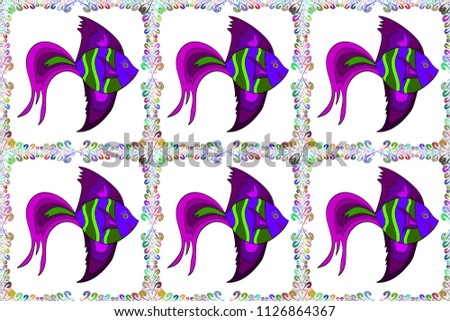 Raster illustration. Seamless pattern. Fishes on white, purple and green. Reaver fish on colored background. Handdrawn.