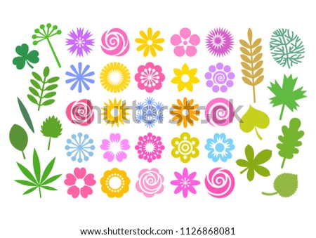 Big set of flowers and leaves in simple cartoon flat style. Cute floral collection for patterns, borders, greeting cards. Vector illustration isolated on white background.