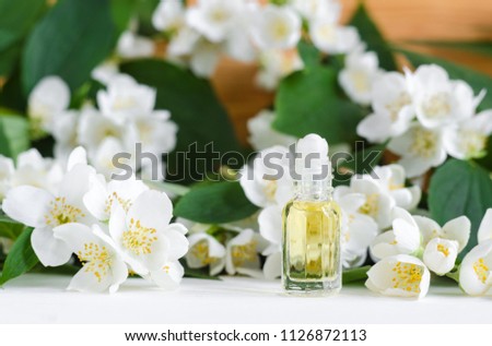 Small glass bottle with natural jasmine roll on perfume oil. Jasmine blossom flowers background. Copy space.
