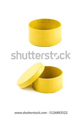 Paper round gift box isolated over the white background, set of two different foreshortenings