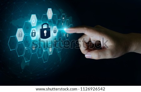 button on virtual screen pressed with finger Global network security world map Key lock security system abstract technology world digital link cyber security hi tech Dark blue background password