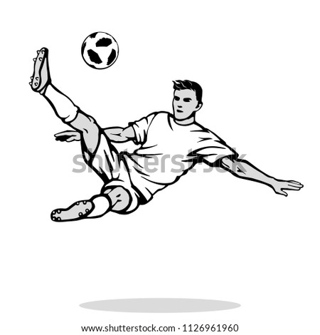 Overhead kick or bicycle kick. Soccer player jumps to shoot the goal. Type of any football character. Isolated template of striker dressed in the blank uniform. Black and white vector illustration.