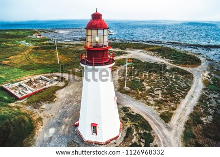 Aerial image of Port au Choix Lighthouse, Point Riche Lighthouse, Newfoundland, Canada