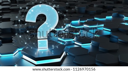 Black blue abstract question icon on hexagons background 3D rendering