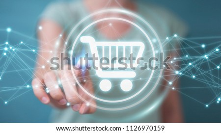 Businesswoman on blurred background using digital shopping icons with connections 3D rendering