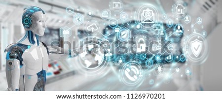 White man robot on blurred background using cyber security data interface 3D rendering