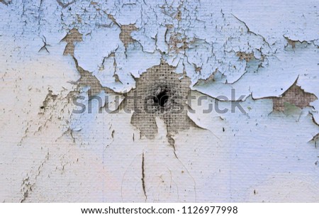 on canvas with paints acrylic oil hole bullet thread torn blue 