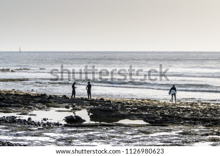 Surfers on the Playa de las Americas beach, Tenerife, Canary islands, Spain
