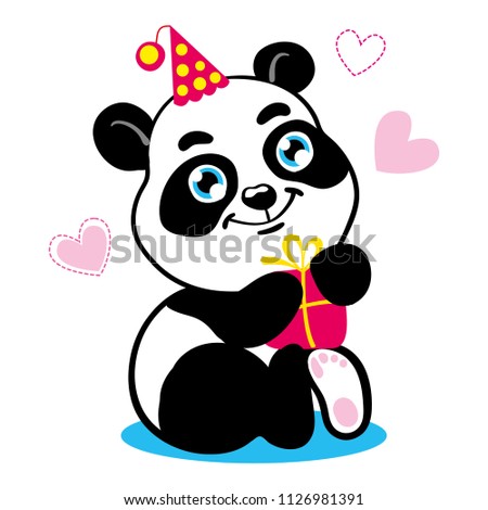 Cute baby panda cartoon character. Bear in festive cap and with present box. Vector isolated on white background with pink hearts. Use it as greeting card postcard birthday party invitation for kids.