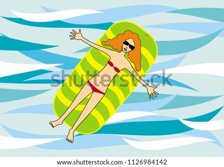 The girl is lying on the mattress among the waves, arms outstretched. Symbolic stylized drawing. Vector picture.