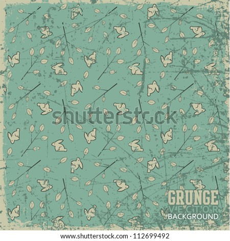 Vintage scratched background with leafs and rabbits