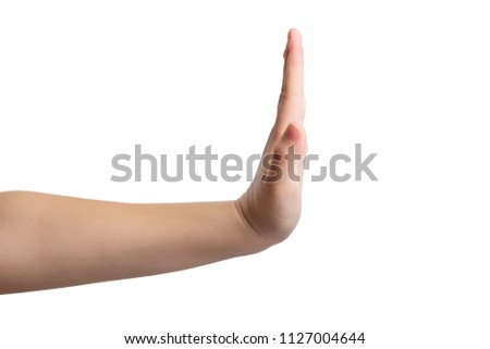 Hand showing stop sign side view on white background