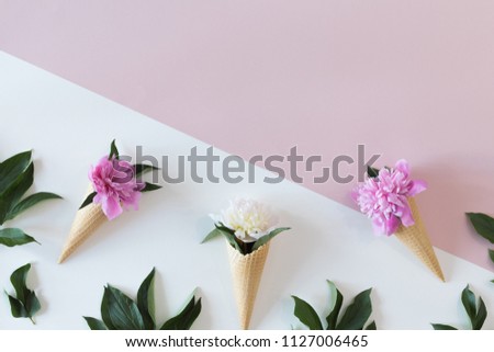 View from above of waffle cone with peony flowers composition on pastel fashion background with copy space, flat lay