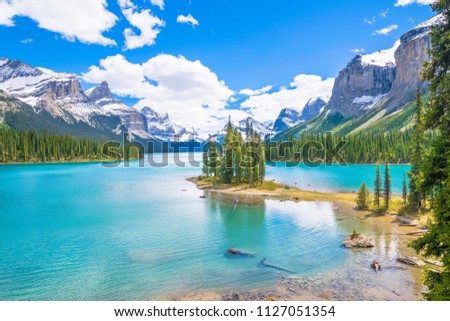 Beautiful view of Spirit Island in Maligne Lake - Jasper National Park, Alberta - Canada Royalty-Free Stock Photo #1127051354