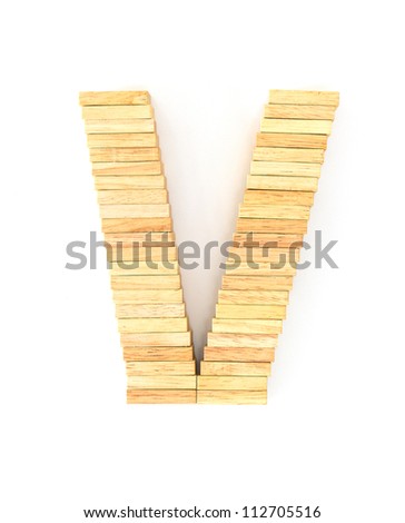 english alphabet  letters from wooden domino on white background, letter V