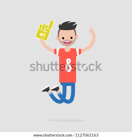 Young cheerful football fan celebrating the victory. Flat vector illustration, clip art